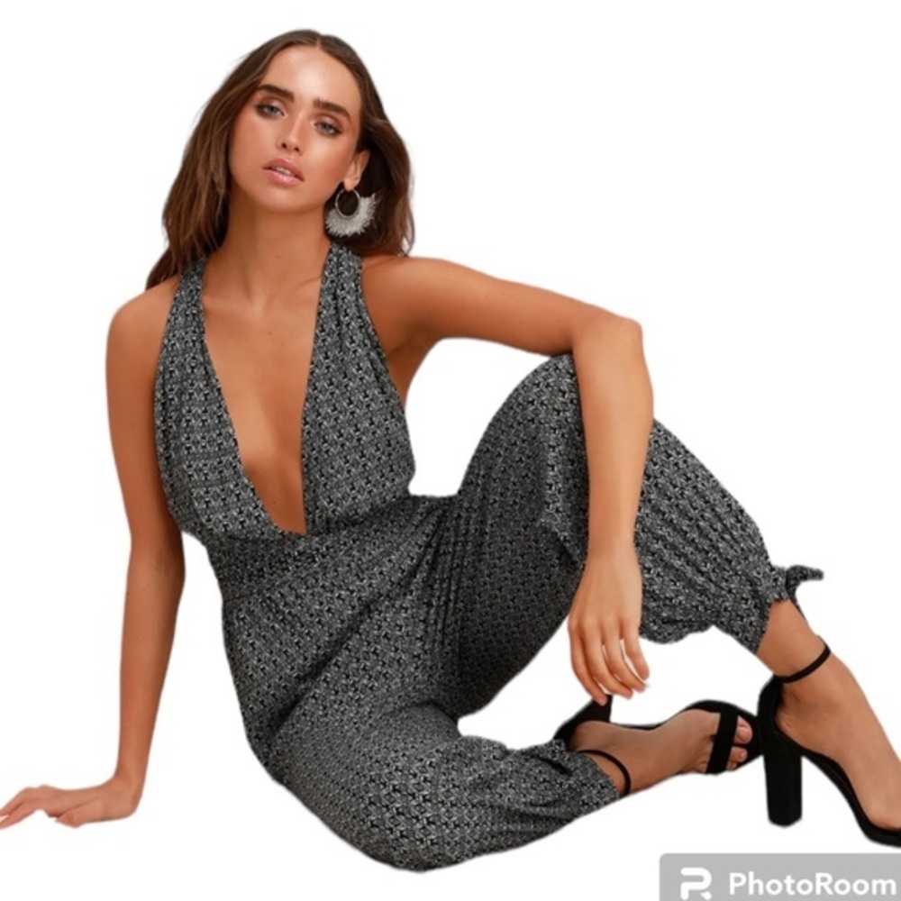 Lulus Take a Trip Black Print Halter Jumpsuit